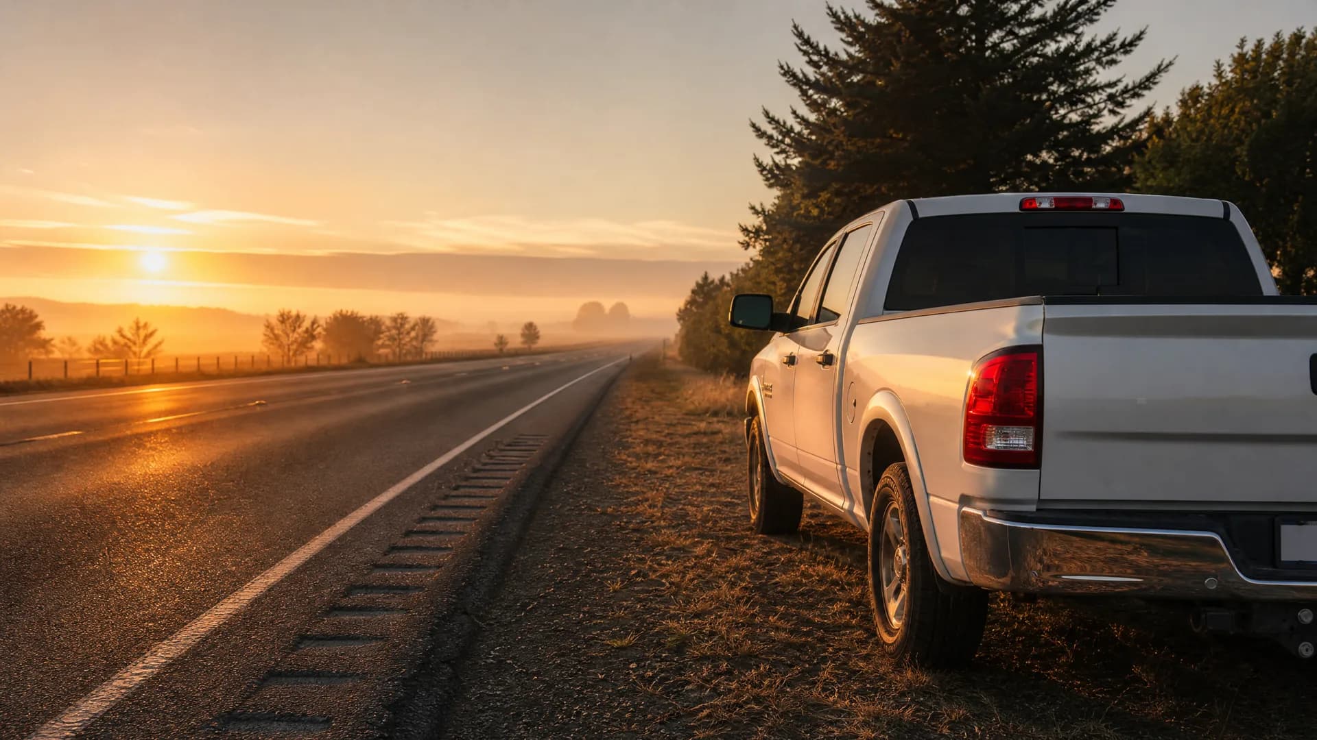 A white crew-cab pickup truck parked on the grassy shoulder of a two-lane road at sunrise, with conifer trees on the right and low mist over fields in the distance.