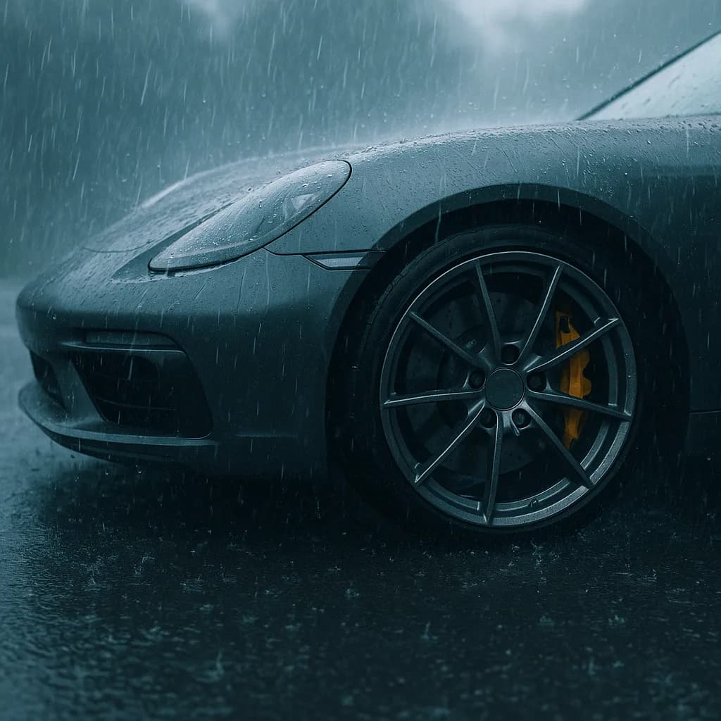 Dark sports car front wheel with yellow brake calipers in rain, moody automotive photography