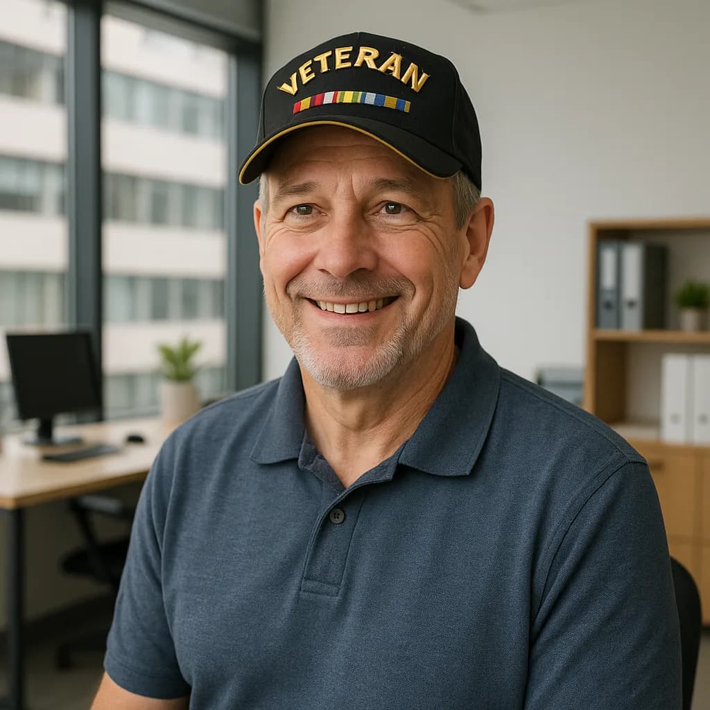 Smiling veteran wearing black cap and blue polo shirt in modern office setting