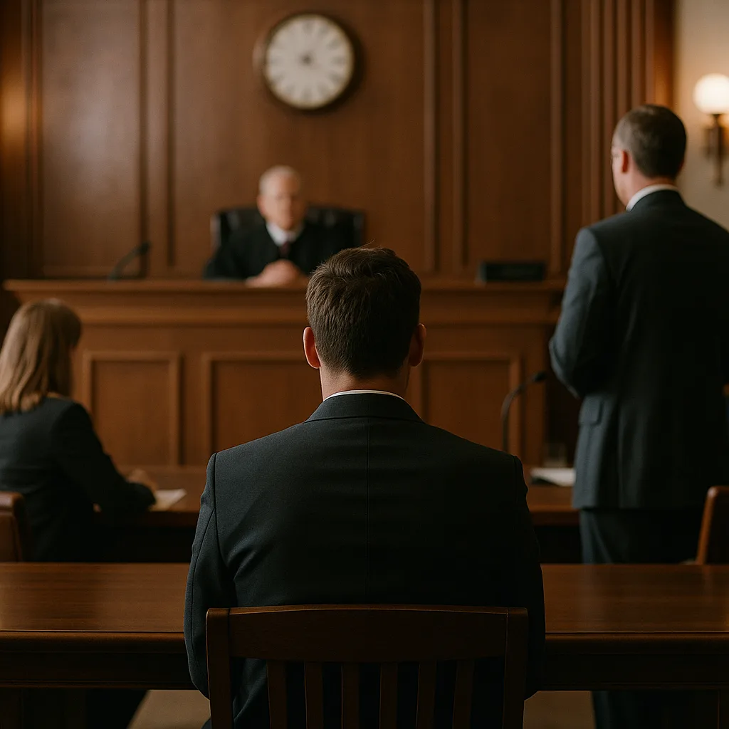 Defendant seated in courtroom facing judge at bench with attorney standing nearby in traditional wood-paneled court