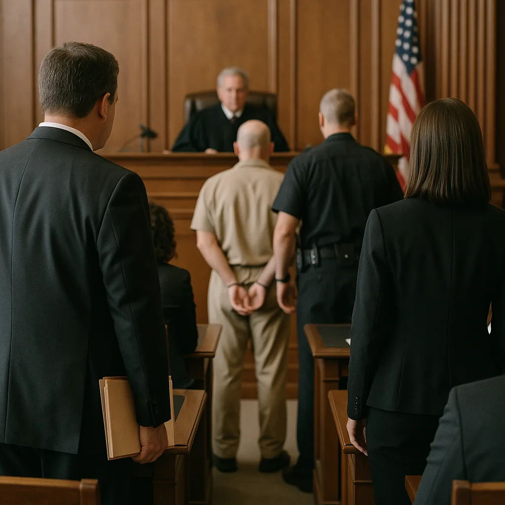 Courtroom scene with handcuffed defendant in tan clothing standing before judge with lawyers and officer present